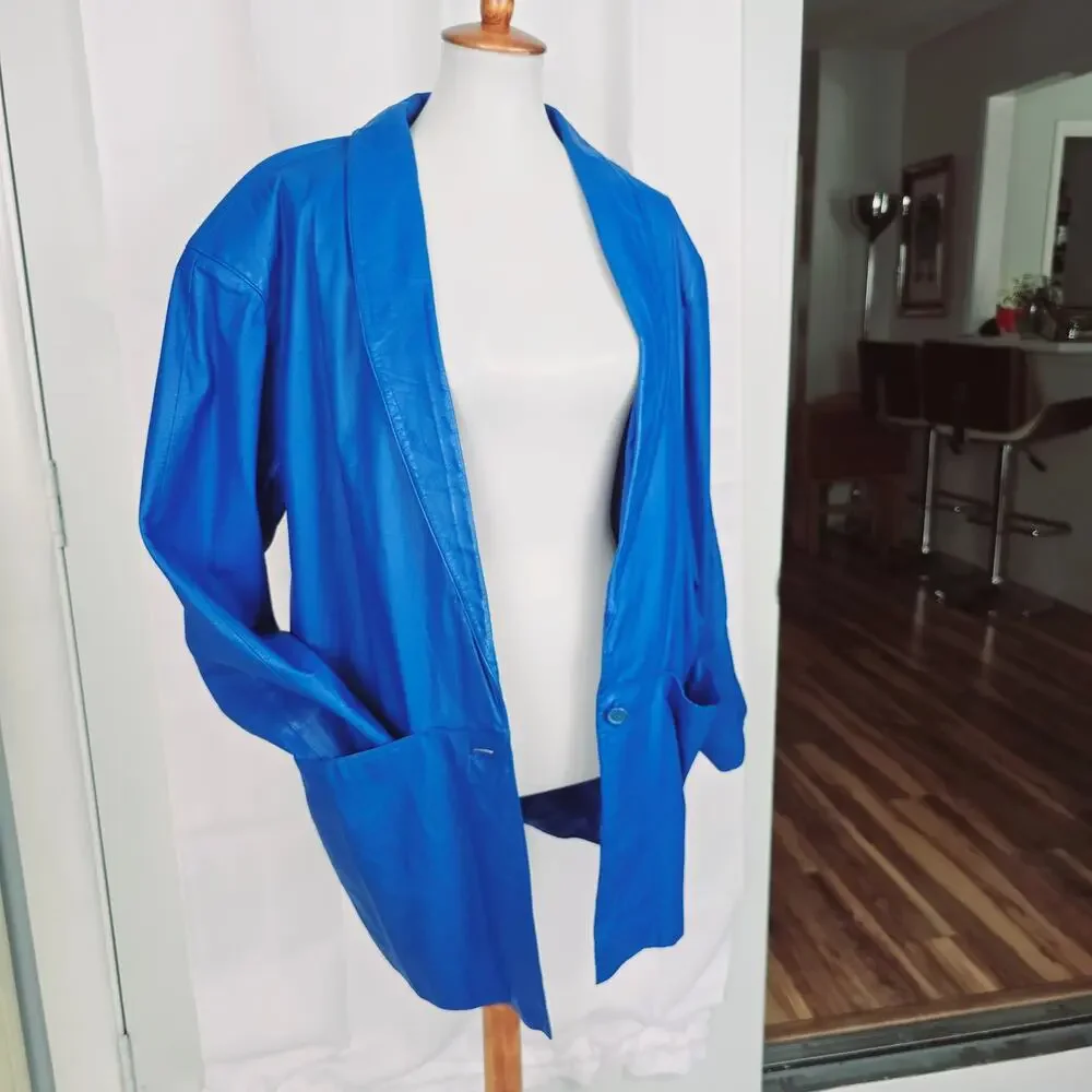 80s Retro Blue Leather Blazer Jacket Vintage Size L - Picture 6 of 16